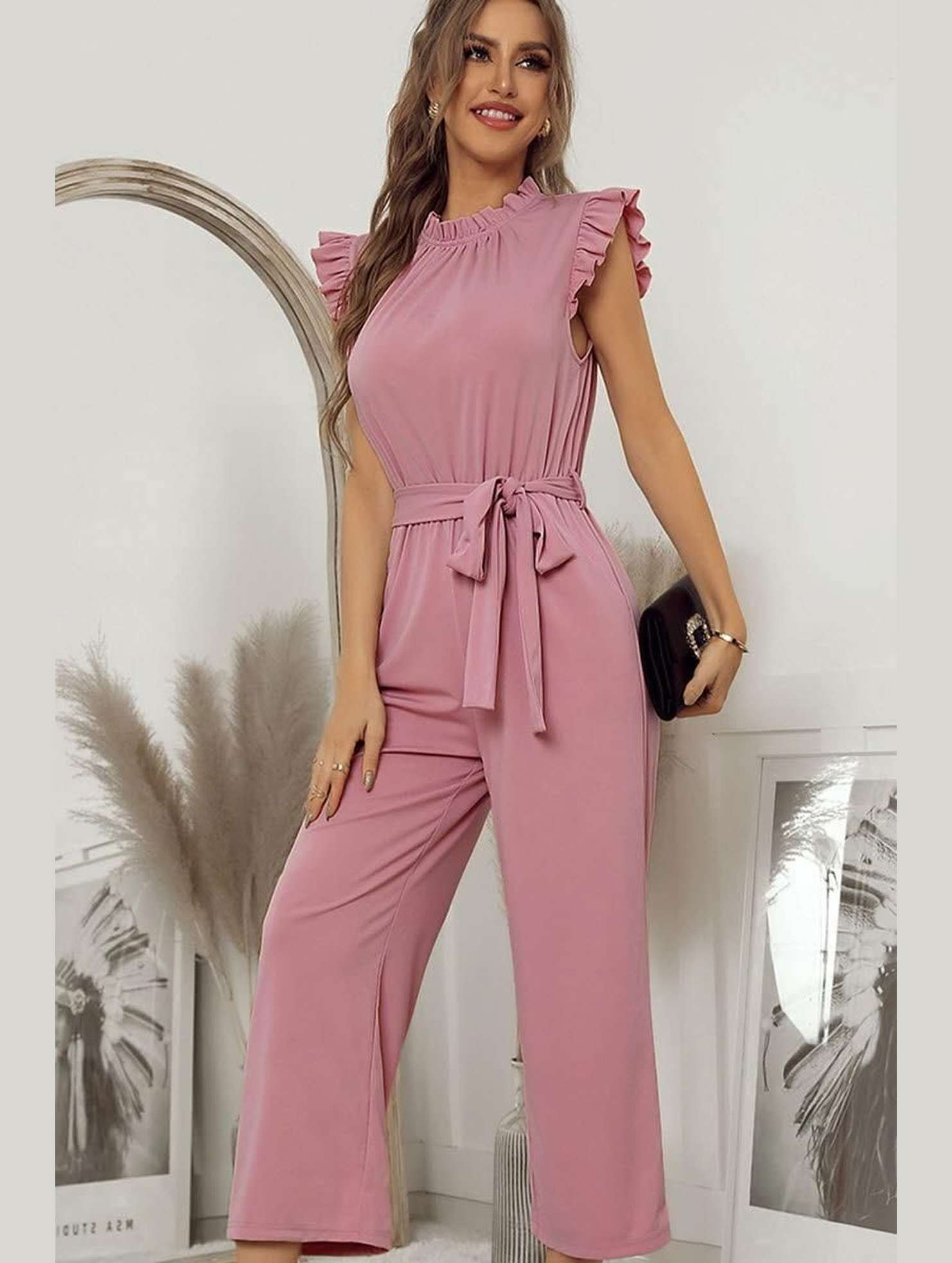 SOLID COLOR FLYING SLEEVE JUMPSUIT - Doublju
