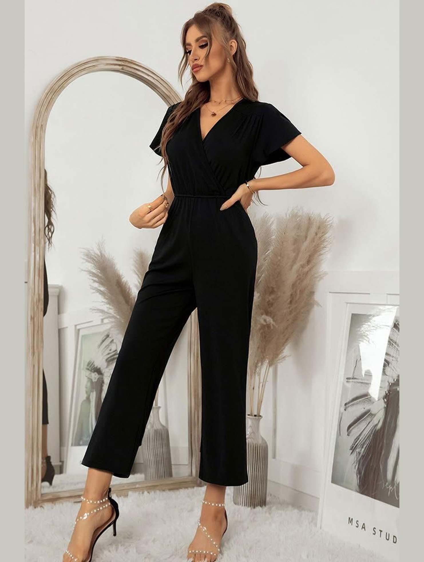 V NECK SHORT SLEEVE JUMPSUIT - Doublju