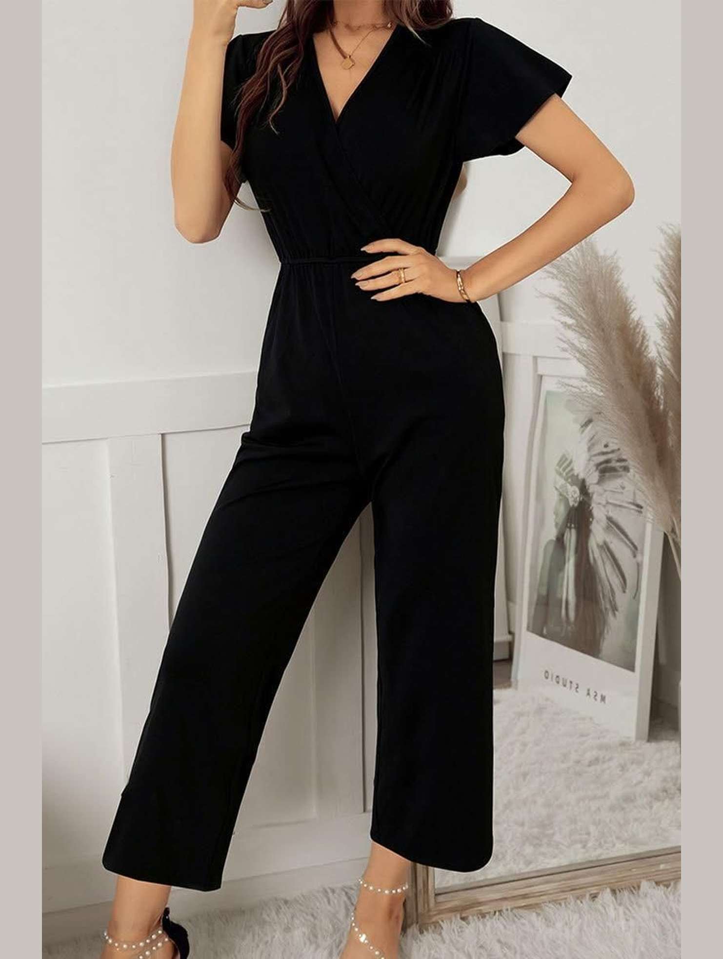 V NECK SHORT SLEEVE JUMPSUIT - Doublju