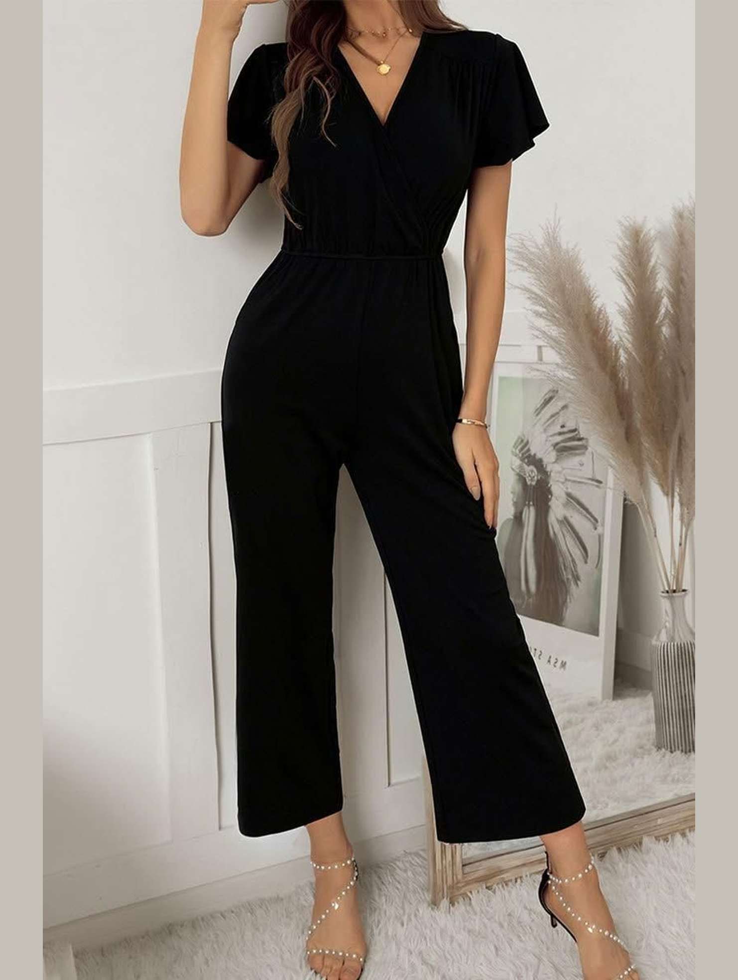 V NECK SHORT SLEEVE JUMPSUIT - Doublju
