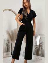 V NECK SHORT SLEEVE JUMPSUIT - Doublju