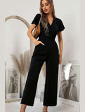 V NECK SHORT SLEEVE JUMPSUIT - Doublju