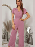 V NECK SHORT SLEEVE JUMPSUIT - Doublju