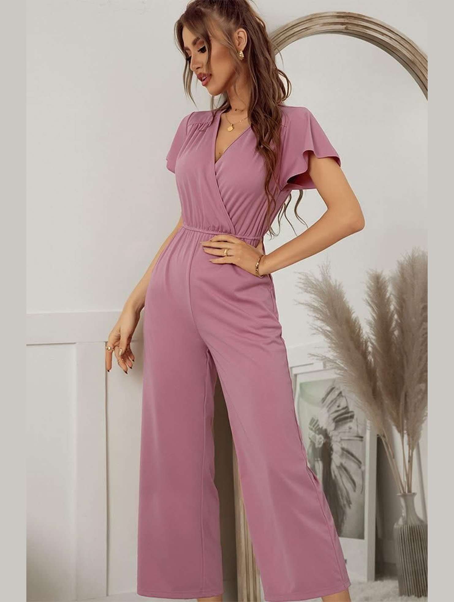 V NECK SHORT SLEEVE JUMPSUIT - Doublju