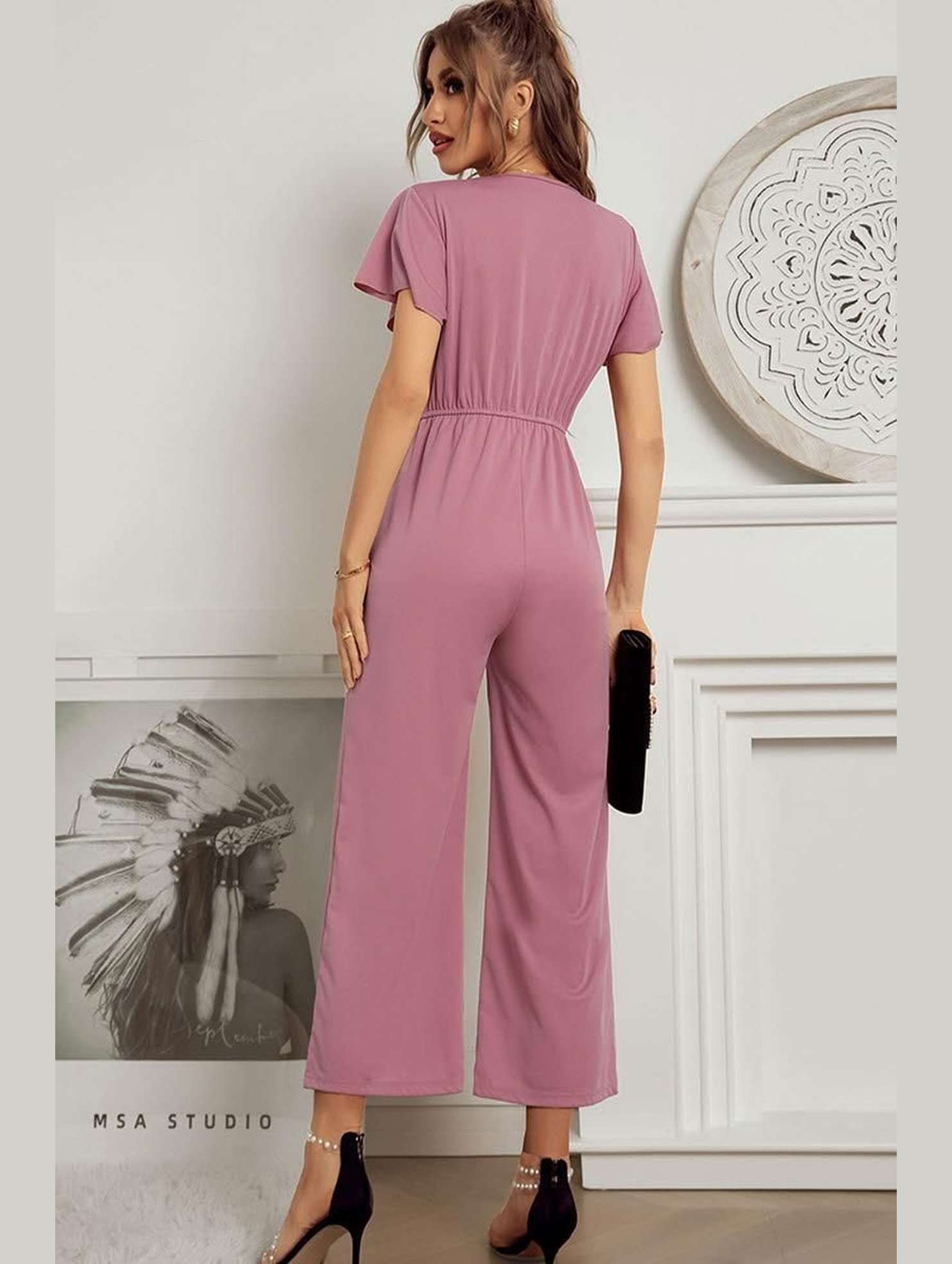 V NECK SHORT SLEEVE JUMPSUIT - Doublju