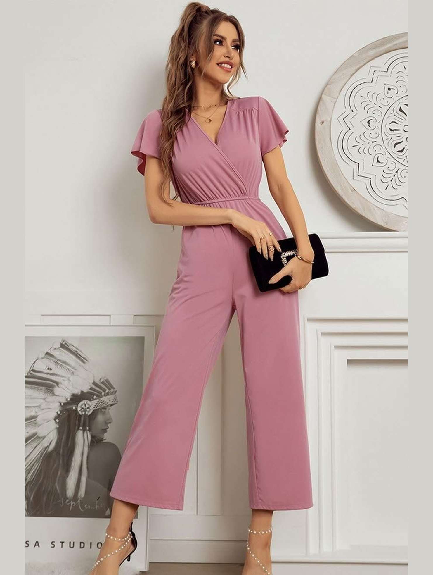 V NECK SHORT SLEEVE JUMPSUIT - Doublju