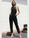 SOLID COLOR BLACK SLEEVELES JUMPSUIT - Doublju
