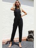 SOLID COLOR BLACK SLEEVELES JUMPSUIT - Doublju