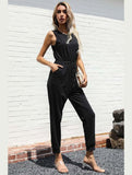 SOLID COLOR BLACK SLEEVELES JUMPSUIT - Doublju