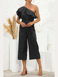 SLANTED SHOULDER RUFFLED STRIPED JUMPSUIT - Doublju