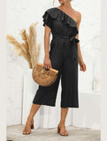SLANTED SHOULDER RUFFLED STRIPED JUMPSUIT - Doublju