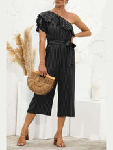 SLANTED SHOULDER RUFFLED STRIPED JUMPSUIT - Doublju