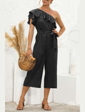 SLANTED SHOULDER RUFFLED STRIPED JUMPSUIT - Doublju