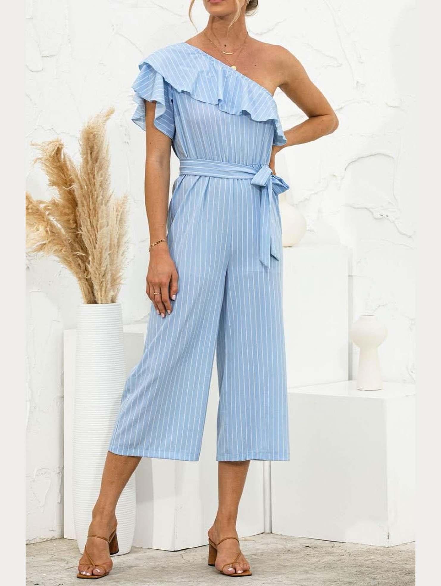 SLANTED SHOULDER RUFFLED STRIPED JUMPSUIT - Doublju