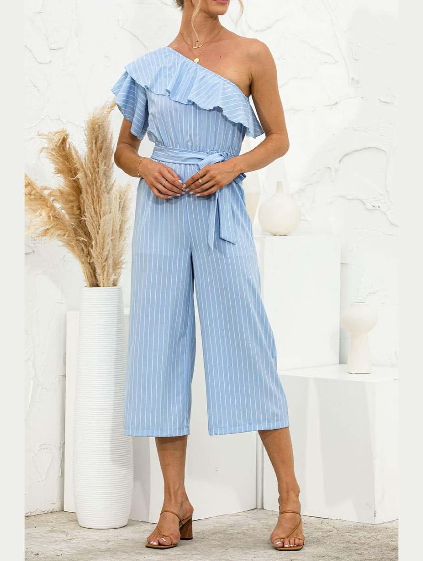 SLANTED SHOULDER RUFFLED STRIPED JUMPSUIT - Doublju