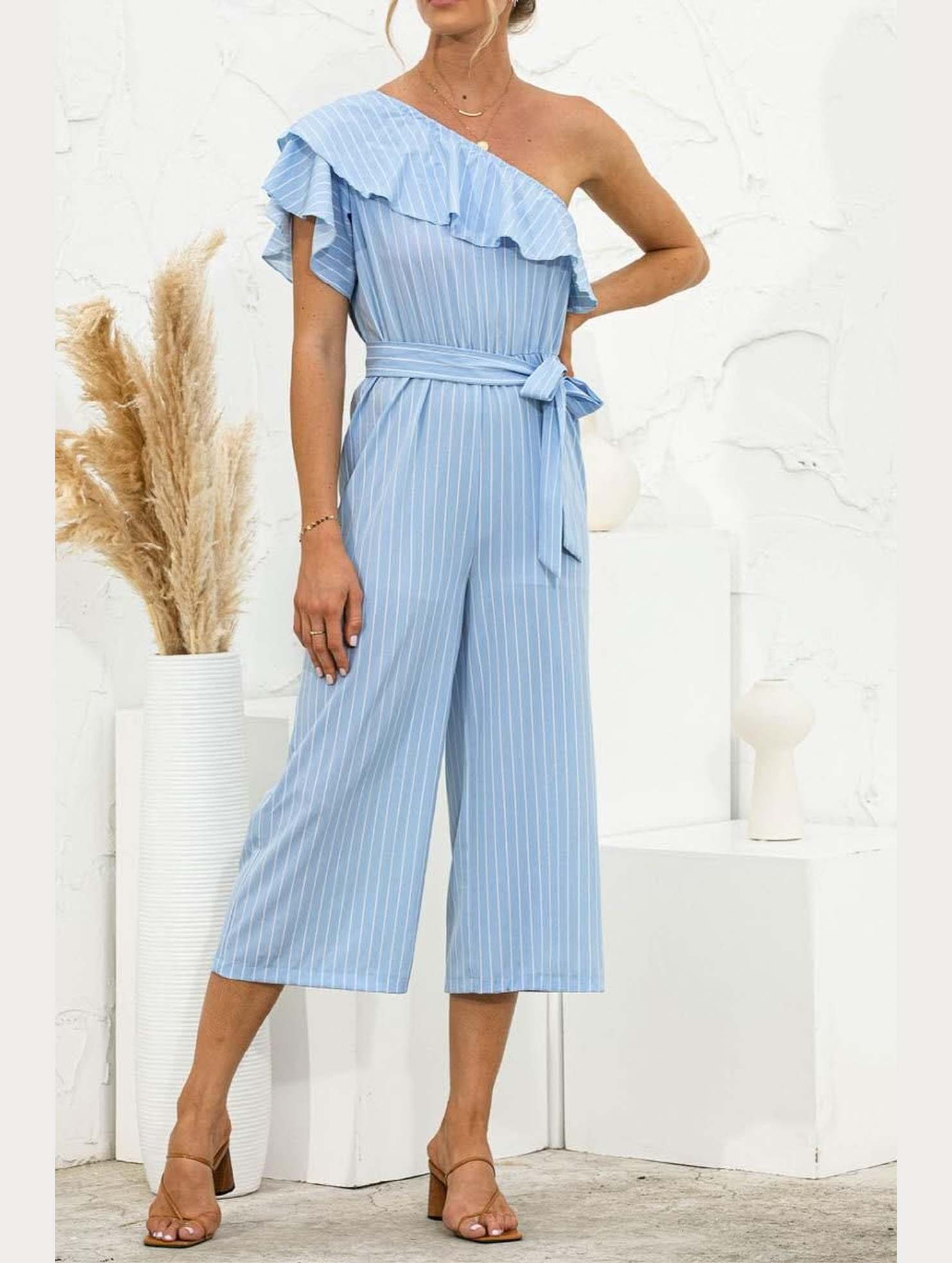 SLANTED SHOULDER RUFFLED STRIPED JUMPSUIT - Doublju