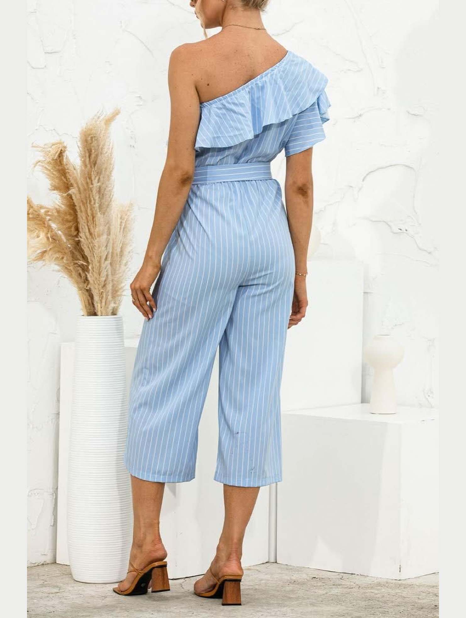 SLANTED SHOULDER RUFFLED STRIPED JUMPSUIT - Doublju