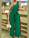 V NECK TIED WAIST RIBBON STRAP WIDE JUMPSUIT - Doublju