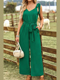 V NECK TIED WAIST RIBBON STRAP WIDE JUMPSUIT - Doublju