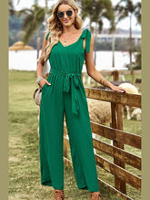 V NECK TIED WAIST RIBBON STRAP WIDE JUMPSUIT - Doublju