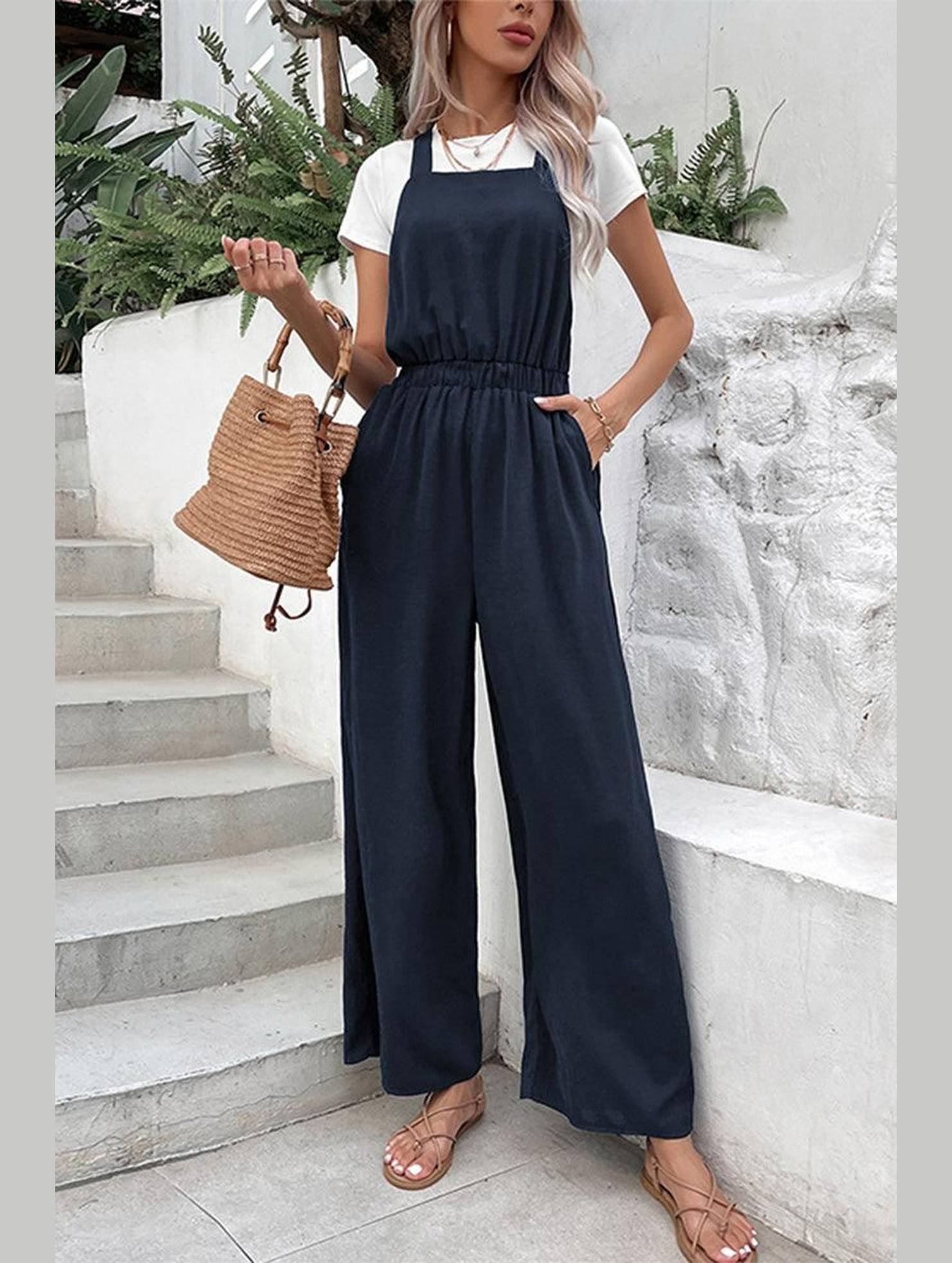 DRAWSTRING WAIST WOMEN JUMPSUIT WITH POCKETS - Doublju