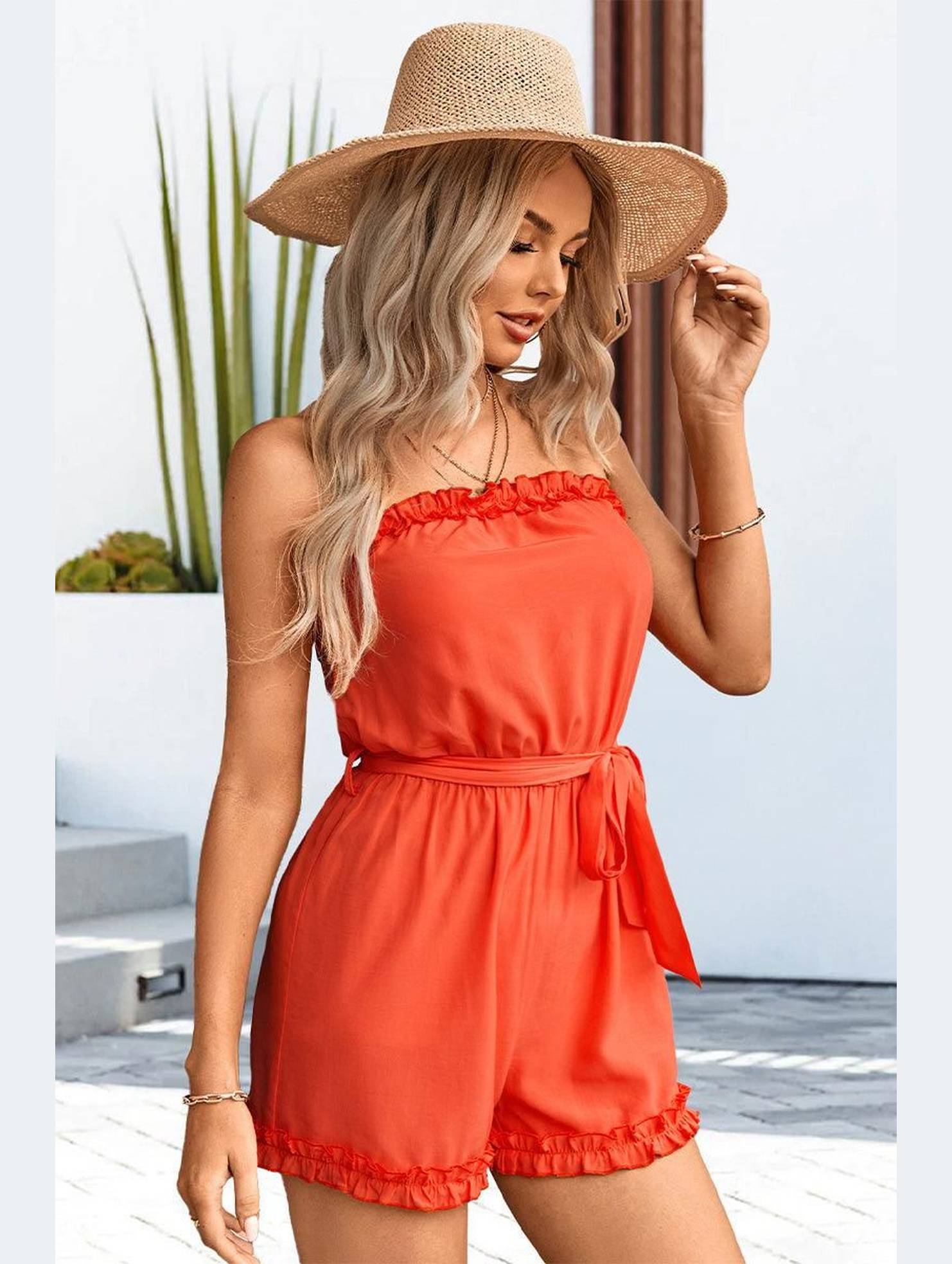 RUFFLED TANK TOP SHORT ROMPER JUMPSUIT - Doublju