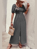 SQUARED NECK FLORAL LOOSE FIT JUMPSUIT - Doublju
