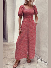 SQUARED NECK FLORAL LOOSE FIT JUMPSUIT - Doublju
