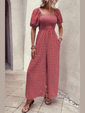 SQUARED NECK FLORAL LOOSE FIT JUMPSUIT - Doublju