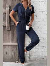 WOMEN HALF ZIP UP HOODED ELASTIC WAIST JUMPSUIT - Doublju