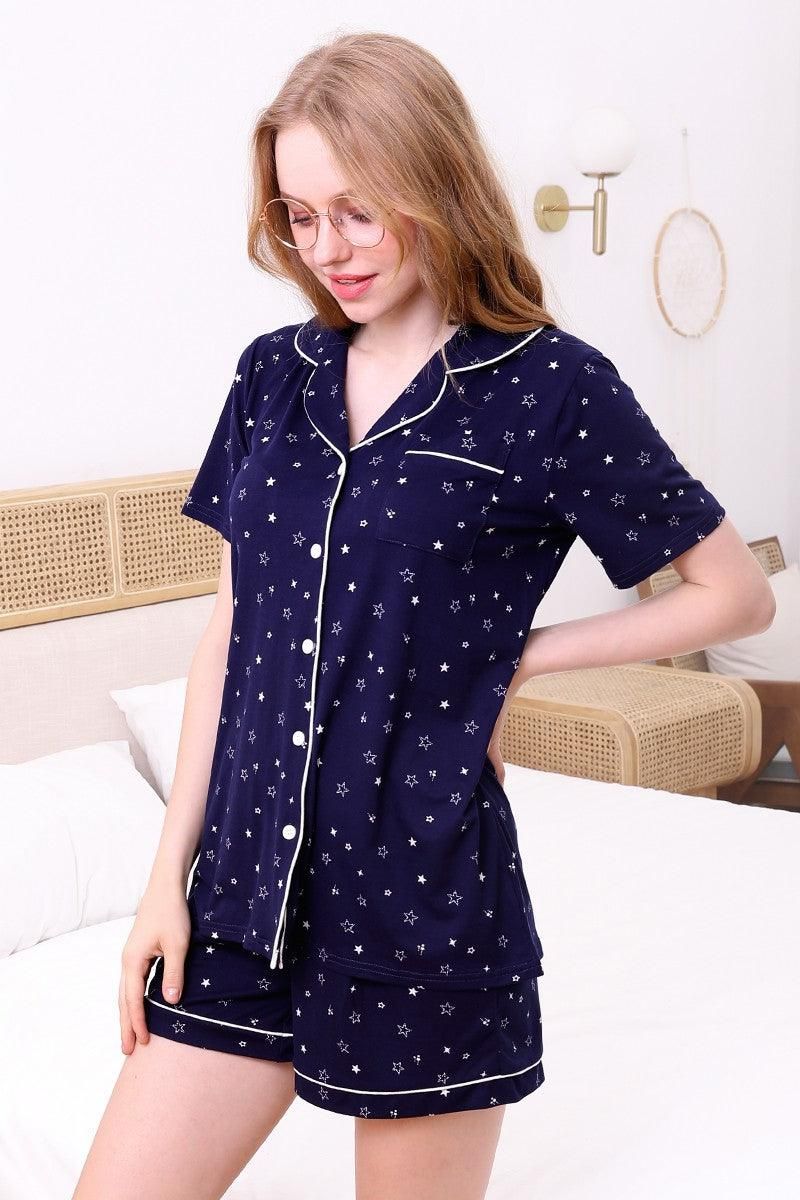 SHORT SLEEVE NOTCH COLLAR PAJAMA SET - Doublju