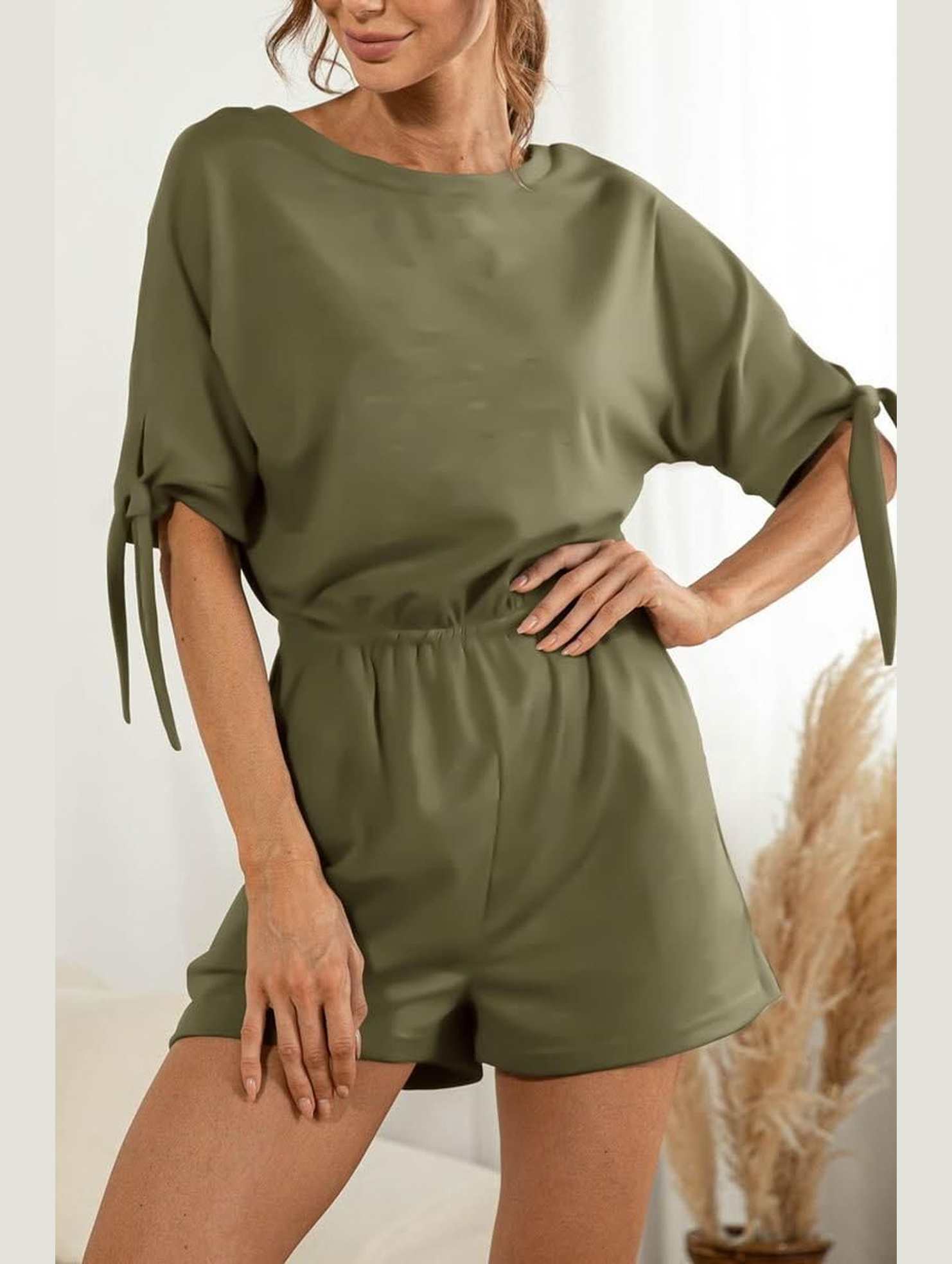 SLEEVE SLIT SOLID COLOR LACE CASUAL JUMPSUIT - Doublju