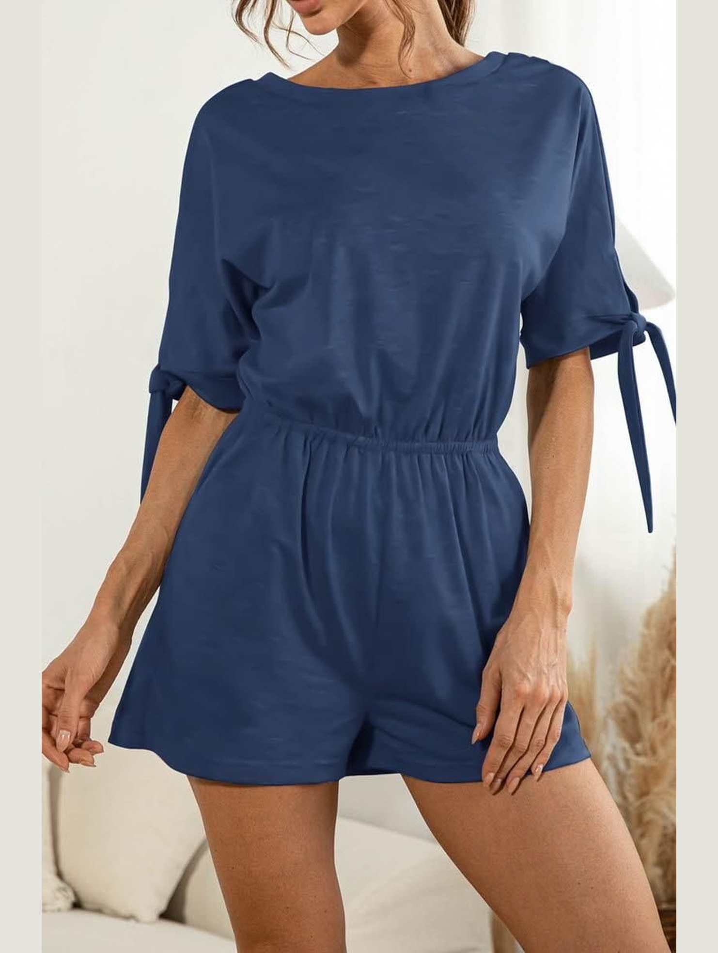 SLEEVE SLIT SOLID COLOR LACE CASUAL JUMPSUIT - Doublju