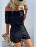 OFF SHOUDER SIMPLE WAIST STRAP ROMPER - Doublju