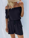 OFF SHOUDER SIMPLE WAIST STRAP ROMPER - Doublju