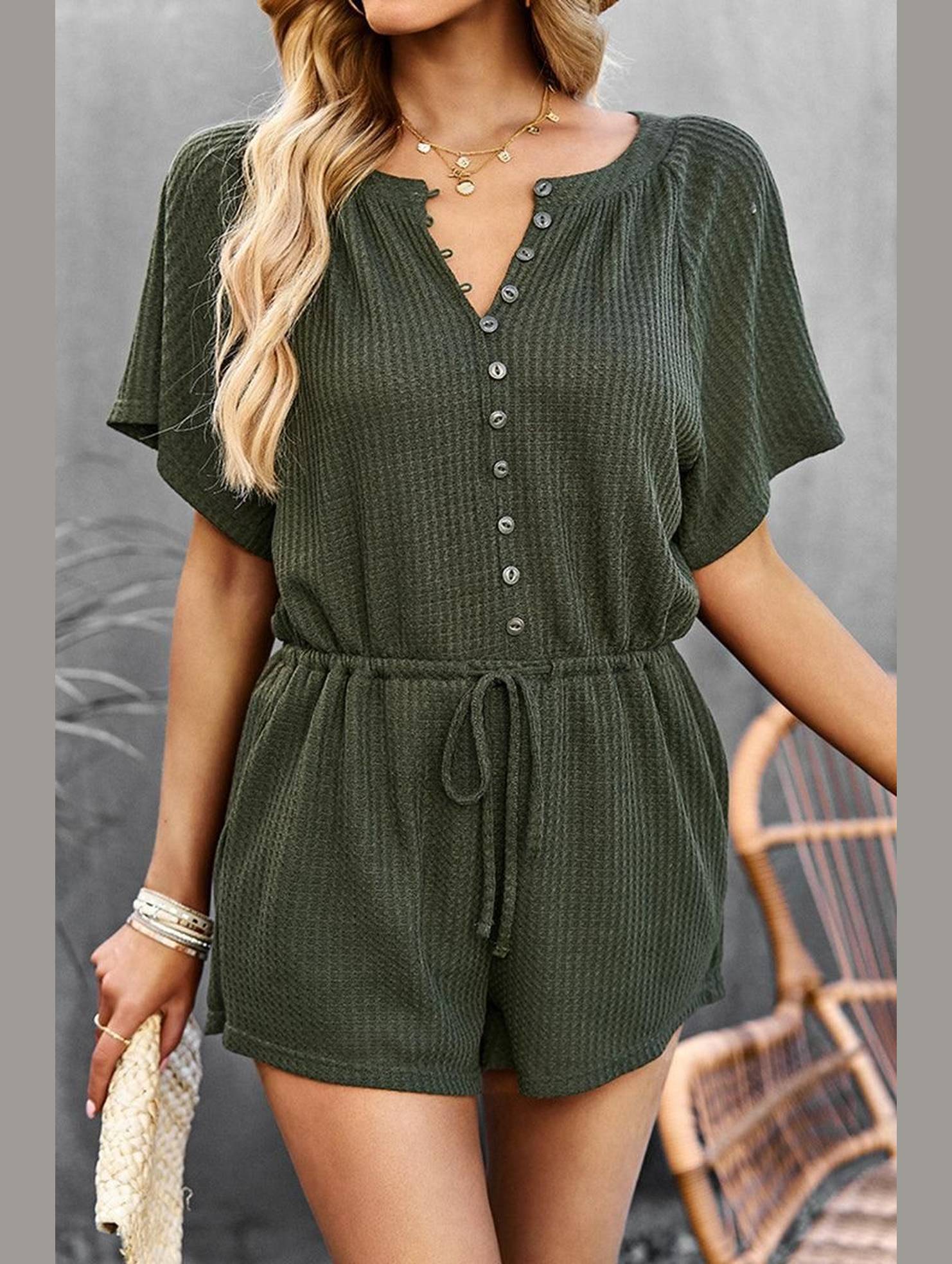 BUTTON UP TIED WAIST ROMPER - Doublju