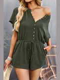 BUTTON UP TIED WAIST ROMPER - Doublju