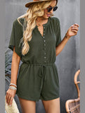 BUTTON UP TIED WAIST ROMPER - Doublju