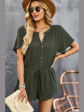 BUTTON UP TIED WAIST ROMPER - Doublju
