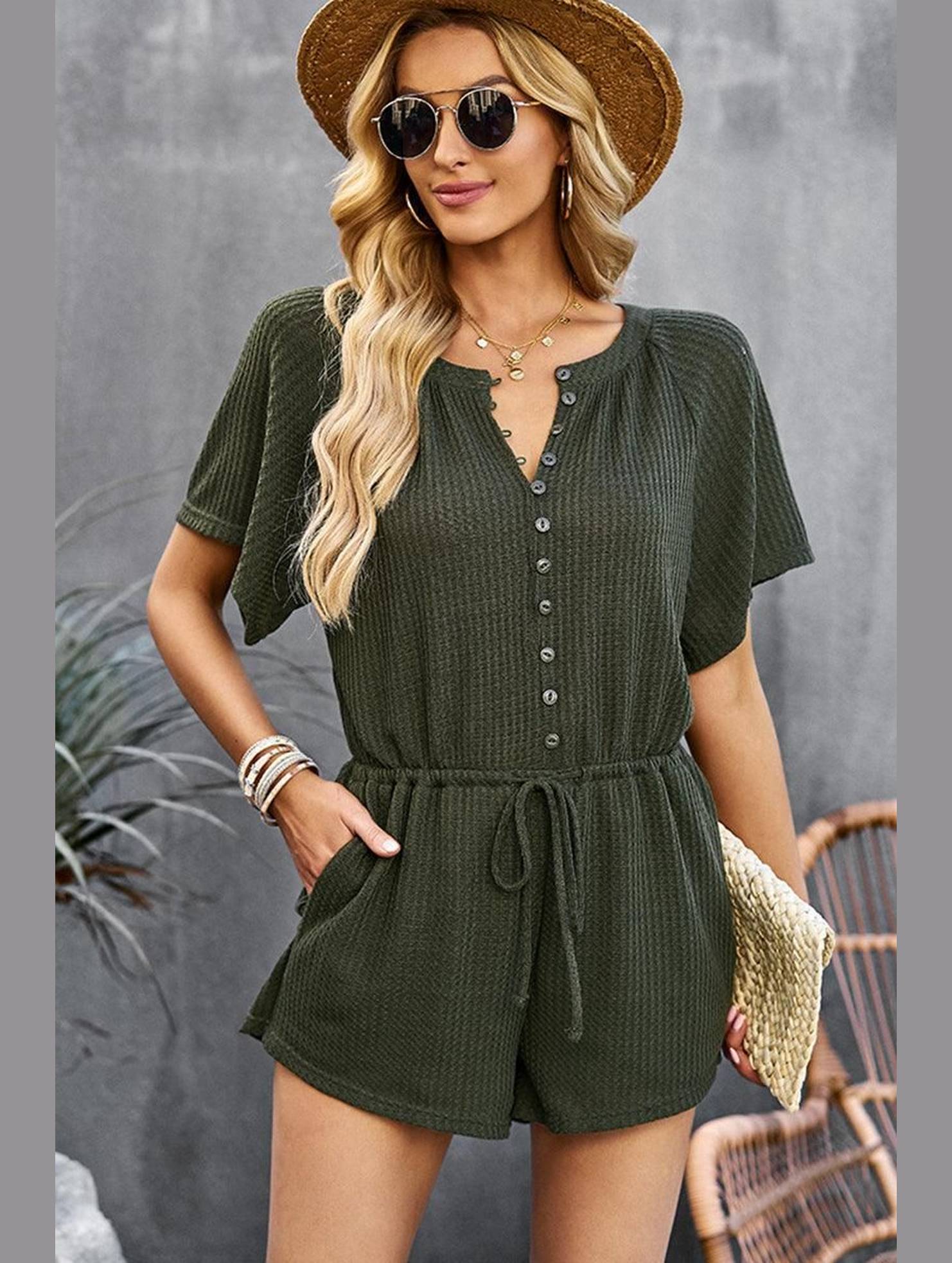 BUTTON UP TIED WAIST ROMPER - Doublju
