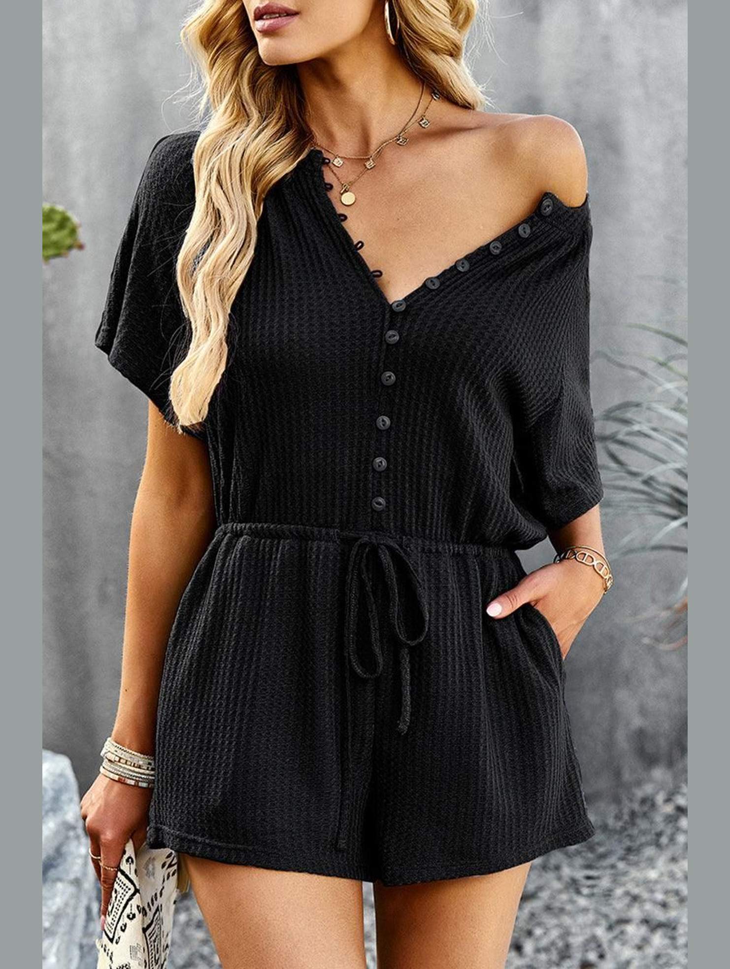 BUTTON UP TIED WAIST ROMPER - Doublju
