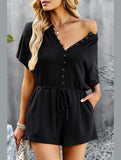 BUTTON UP TIED WAIST ROMPER - Doublju