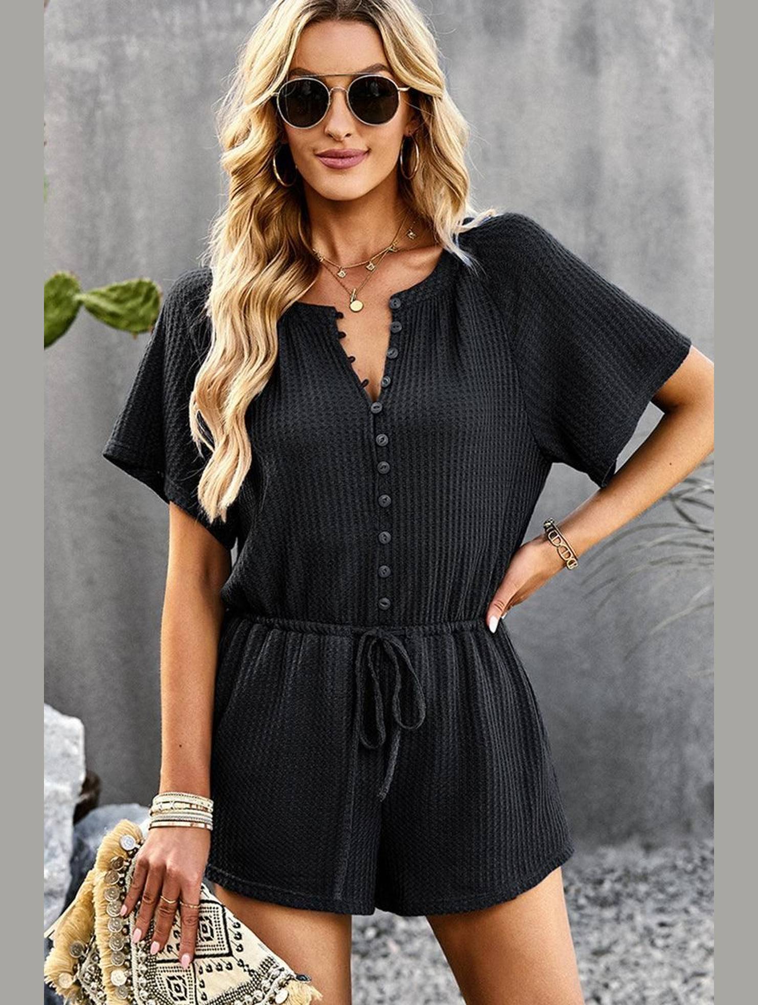 BUTTON UP TIED WAIST ROMPER - Doublju