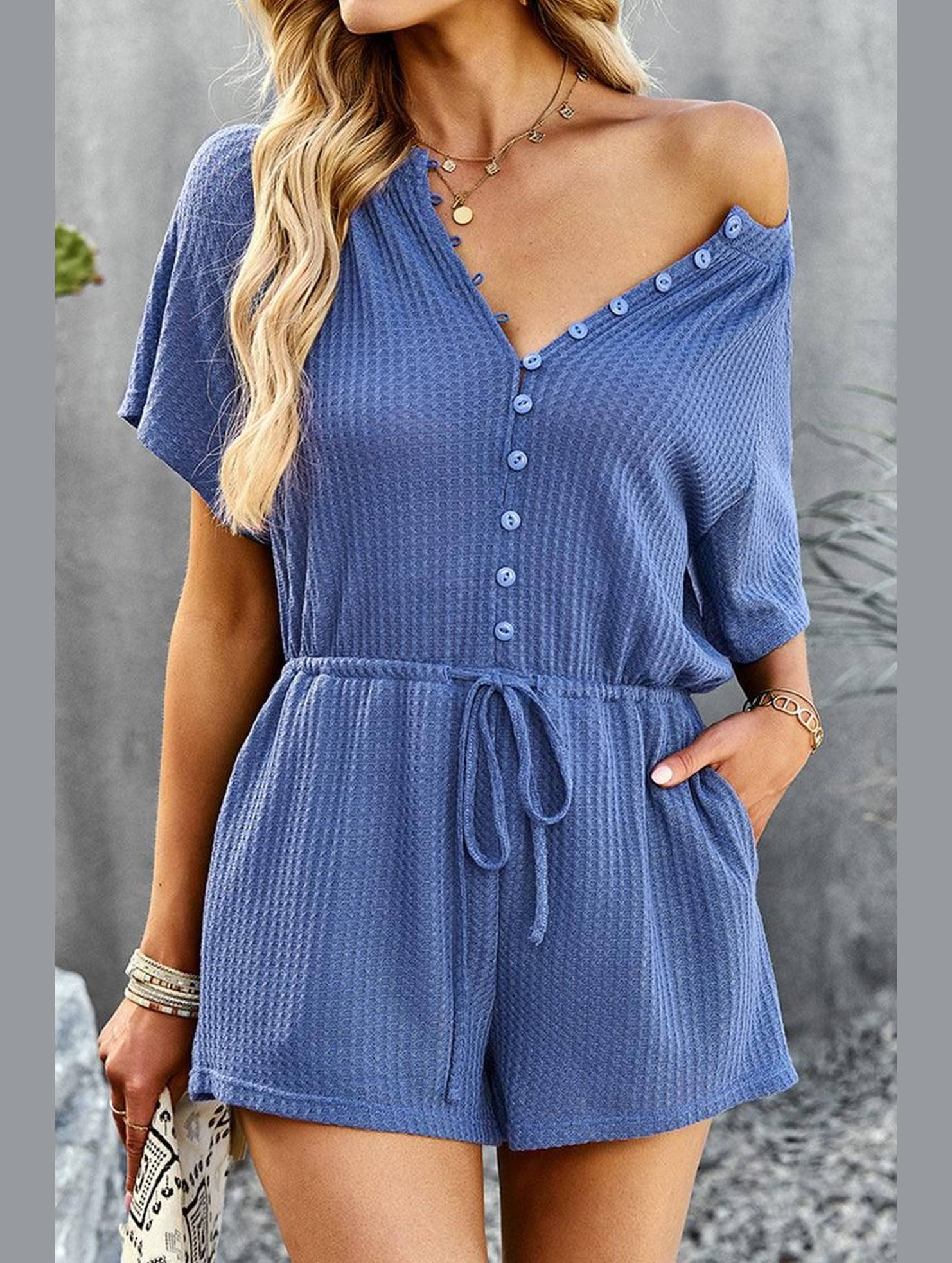 BUTTON UP TIED WAIST ROMPER - Doublju