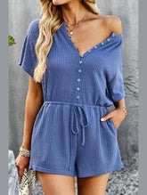 BUTTON UP TIED WAIST ROMPER - Doublju