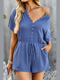 BUTTON UP TIED WAIST ROMPER - Doublju