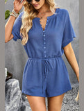 BUTTON UP TIED WAIST ROMPER - Doublju