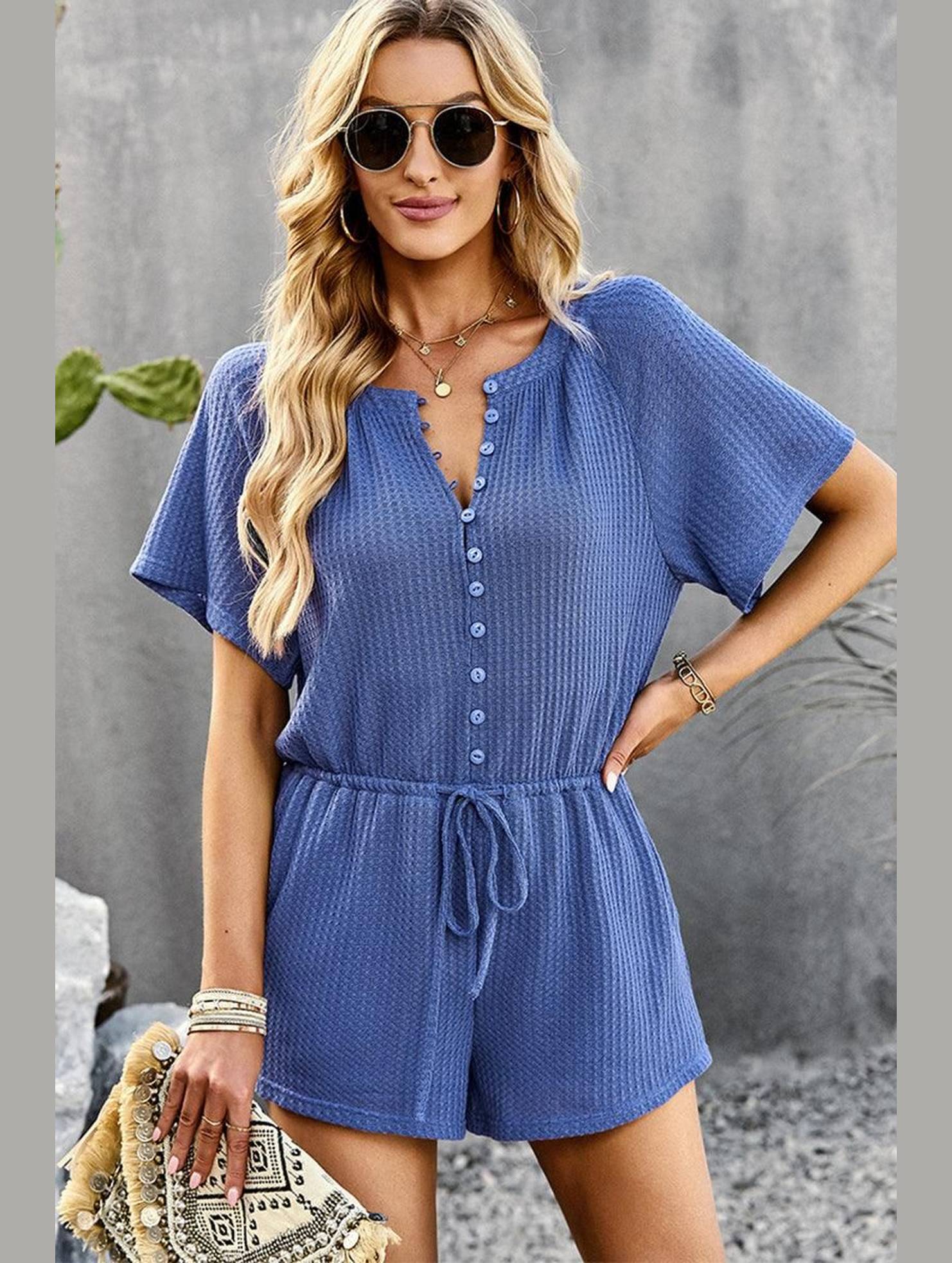 BUTTON UP TIED WAIST ROMPER - Doublju