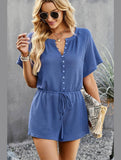 BUTTON UP TIED WAIST ROMPER - Doublju