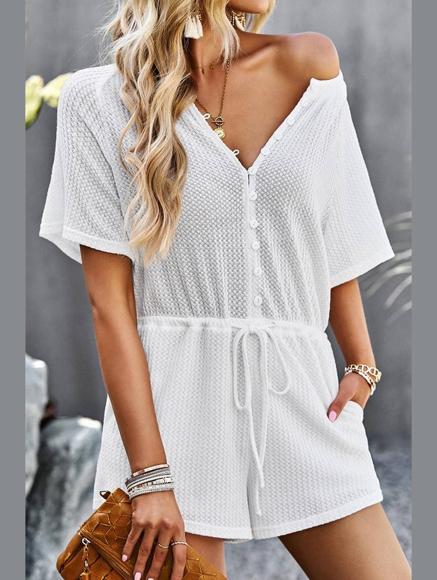 BUTTON UP TIED WAIST ROMPER - Doublju